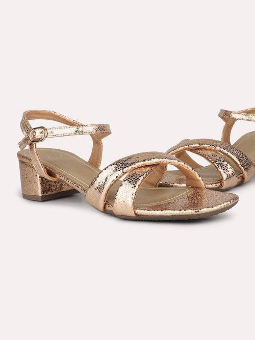 Women Rose Gold Textured Block Heels With Buckle Details