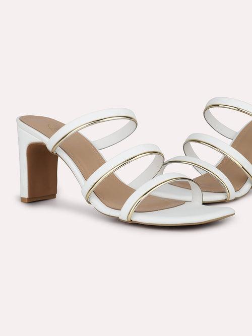 Women White & Gold-Toned Striped Open Toe Block Heels