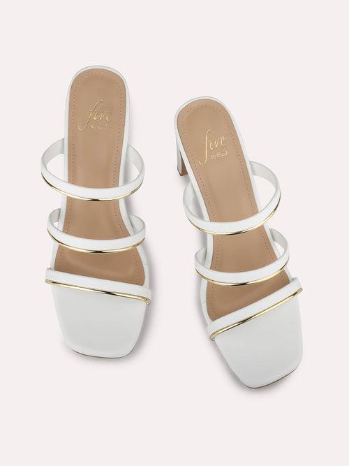 Women White & Gold-Toned Striped Open Toe Block Heels