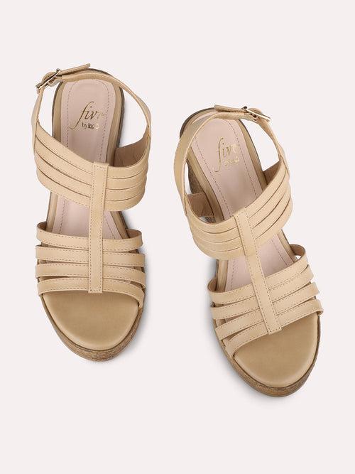 Women Beige Strappy Wedge Heels With Buckle Details