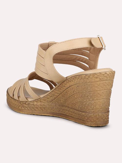 Women Beige Strappy Wedge Heels With Buckle Details