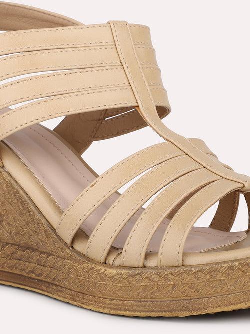 Women Beige Strappy Wedge Heels With Buckle Details