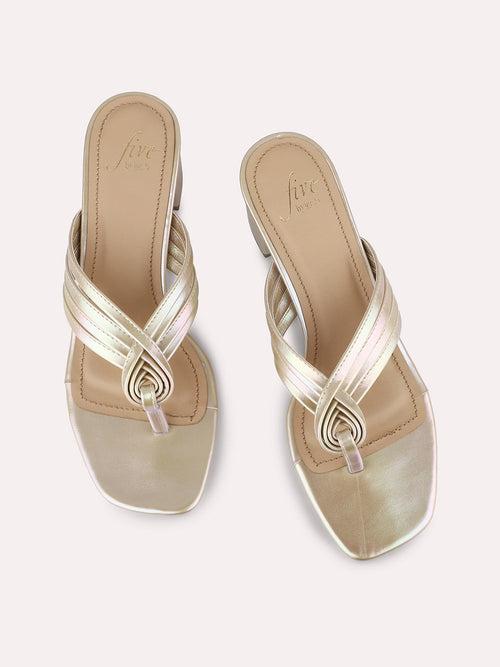 Women Gold Strappy Open Toe Block Heels With Knot Details