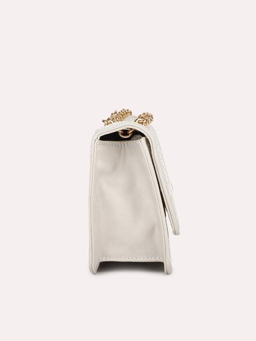 Women Beige Canvas Textured Structured Sling Bag