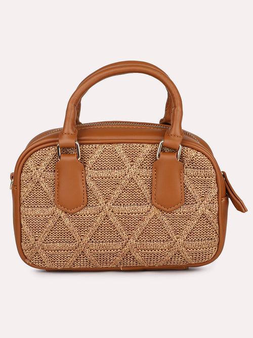 Women Tan Textured Structured Sling Bag with Quilted