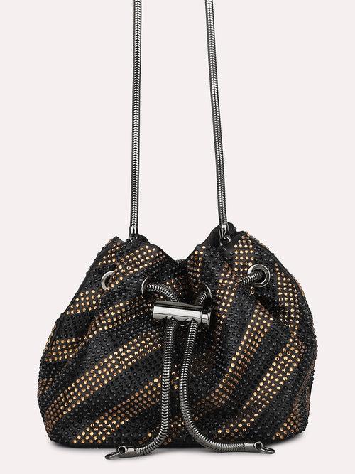 Women Black Embellished Potli Clutch with Sling