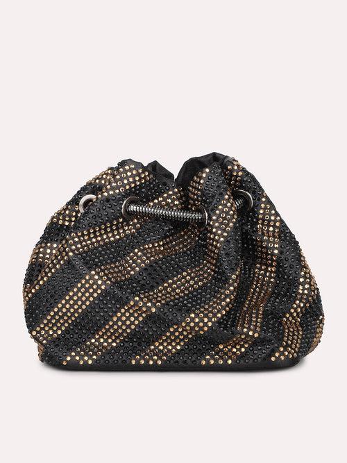 Women Black Embellished Potli Clutch with Sling