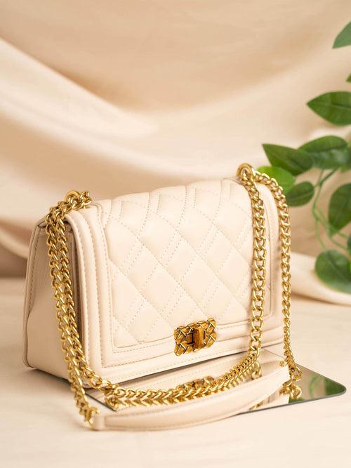 Women Off White Structured Chain Sling Bag with Quilted Detailing