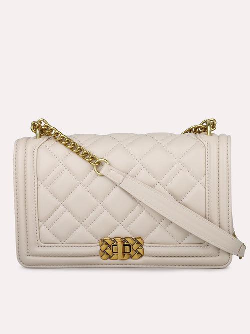 Women Off White Structured Chain Sling Bag with Quilted Detailing