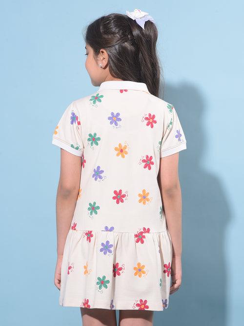 Off White Floral Printed Cotton T-Shirt Dress