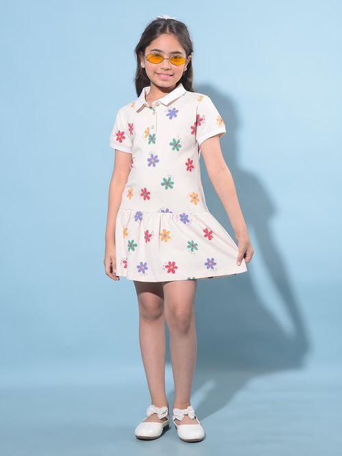 Off White Floral Printed Cotton T-Shirt Dress