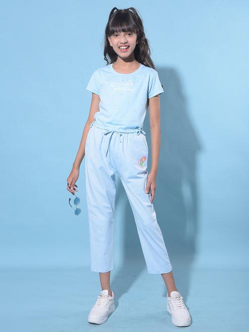 Blue Embellished Cropped T-Shirt