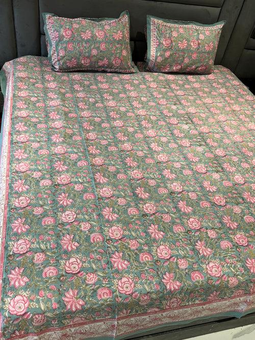 FESTIVE HAND BLOCK PRINTED BEDSHEET WITH TWO REVERSIBLE PILLOW COVERS