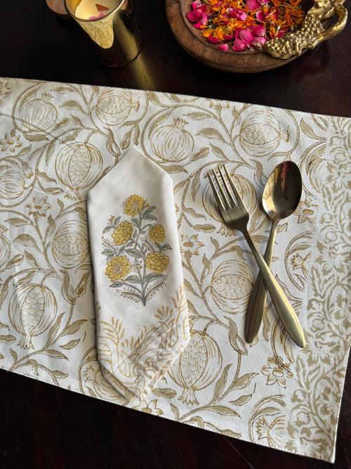 A PAIR OF HANDBLOCK PRINTED TABLE MAT AND NAPKIN SET