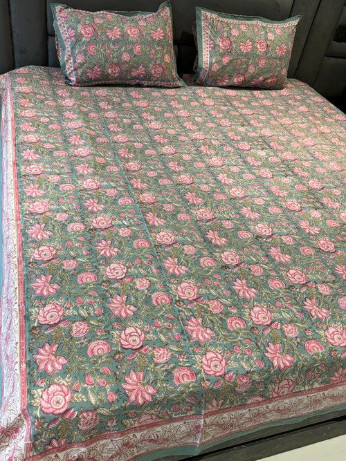 FESTIVE HAND BLOCK PRINTED BEDSHEET WITH TWO REVERSIBLE PILLOW COVERS