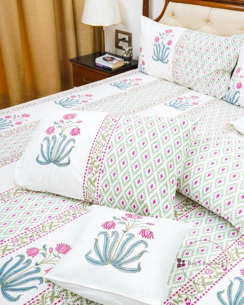 KANTARA HAND BLOCK PRINTED BEDSHEET WITH TWO REVERSIBLE PILLOW COVERS