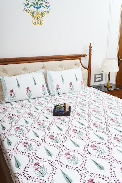 AFZAL HANDBLOCK PRINTED BEDSHEET WITH TWO REVERSIBLE PILLOW COVERS