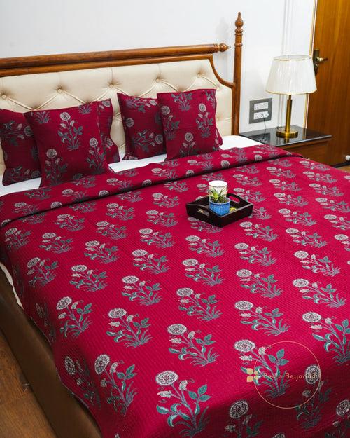 KANAK MAROON POPPY QUILTED BEDCOVER SET(5PC) - BEDCOVER + 2 PILLOW CASES + 2 CUSHION COVERS