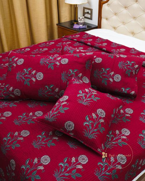 KANAK MAROON POPPY QUILTED BEDCOVER SET(5PC) - BEDCOVER + 2 PILLOW CASES + 2 CUSHION COVERS