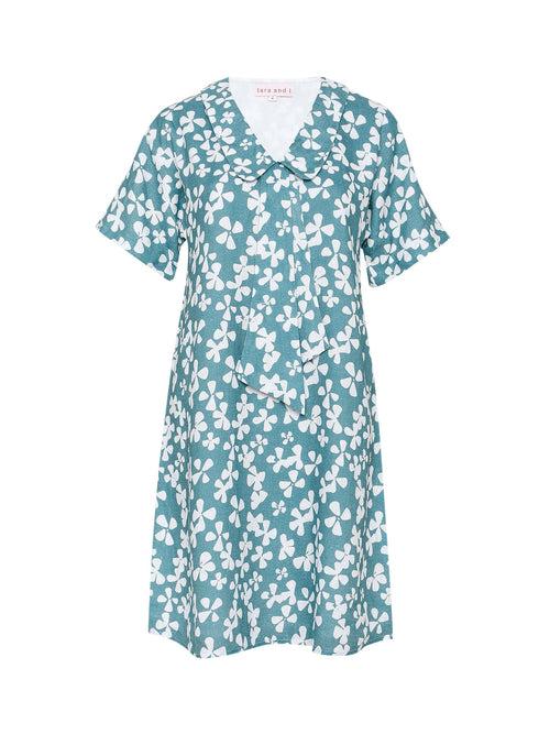 green blooms printed boho style neck-tie dress