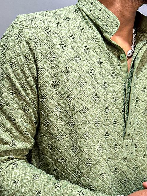 Sage Green Chikankari Embroidered Cotton Men's Kurta