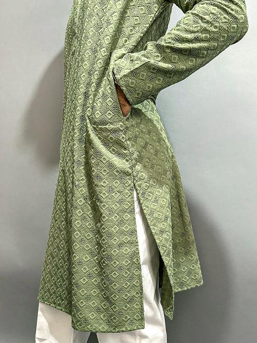 Sage Green Chikankari Embroidered Cotton Men's Kurta
