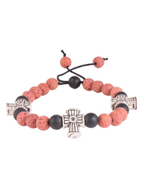 Red Lava and Black Stones Adjustable Mens Bracelet