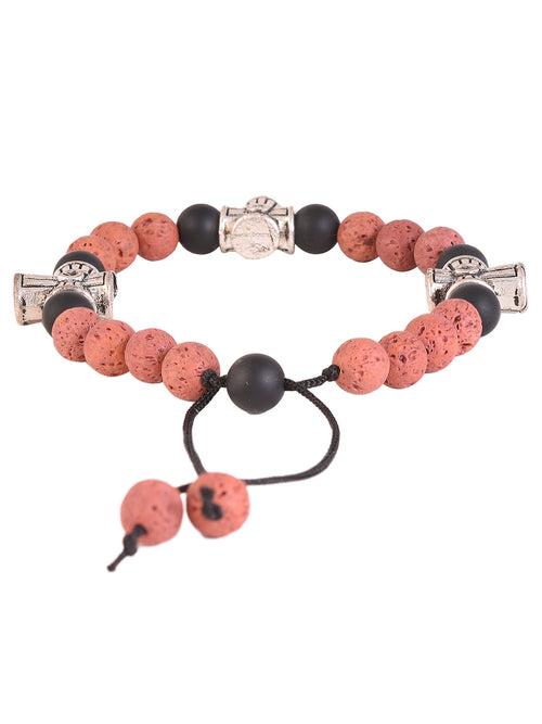 Red Lava and Black Stones Adjustable Mens Bracelet