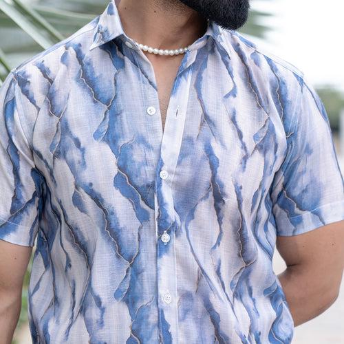 White Blue Marble Print Linen Blend Half Sleeve Shirt
