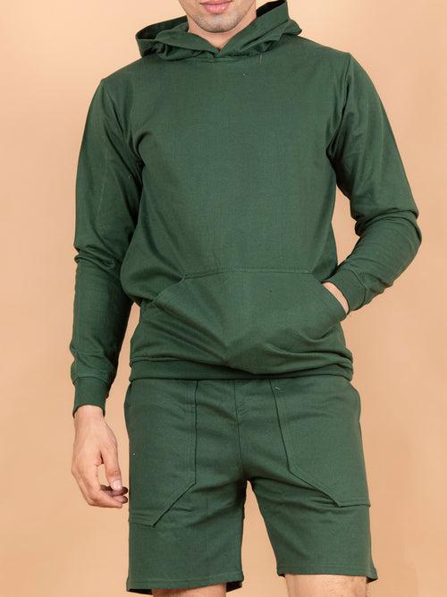 Solid Bottle Green Kangaroo Pattern Hoodie with Shorts Co-Ord Set