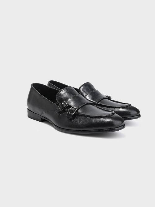 Black Leather Monk Slip-on Shoes