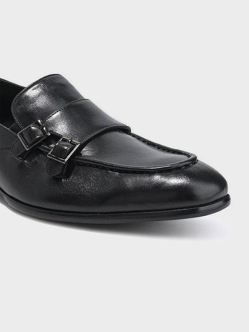 Black Leather Monk Slip-on Shoes