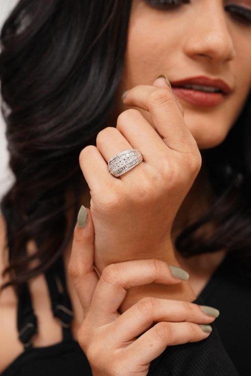 Zoe Multi Row Concave Ring | Baguette And Round Diamond