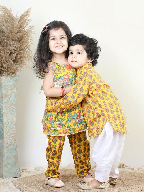 BownBee Sibling Cotton Kurti Pant and Kurta pajama Set-Yellow