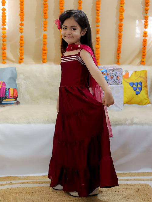 BownBee Chiffon Fabric Gown with Sequined Net Dupatta for Girls- Wine