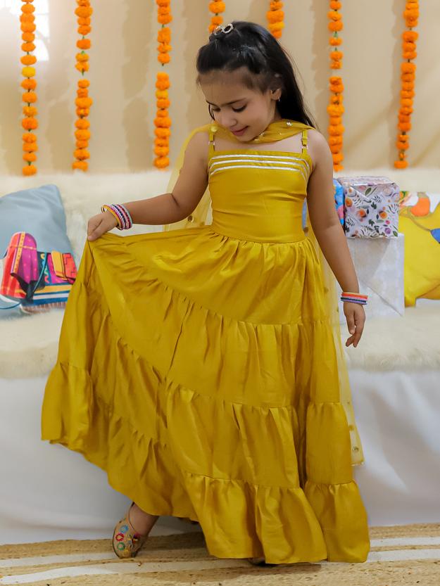 BownBee Tier Gown with Sequined Net Dupatta for Girls - Yellow