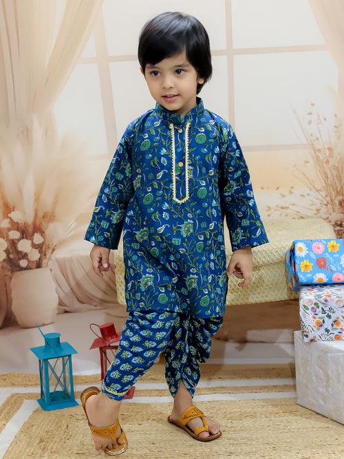 BownBee Pure Cotton Full Sleeve Printed Kurta Dhoti for Boys- Blue