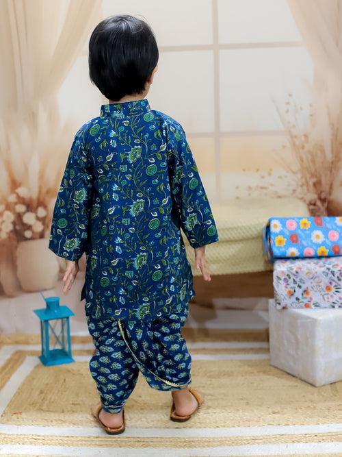 BownBee Pure Cotton Full Sleeve Printed Kurta Dhoti for Boys- Blue