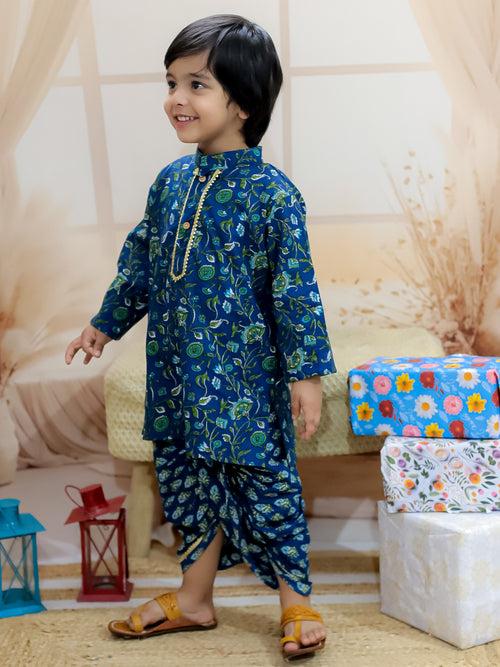 BownBee Pure Cotton Full Sleeve Printed Kurta Dhoti for Boys- Blue