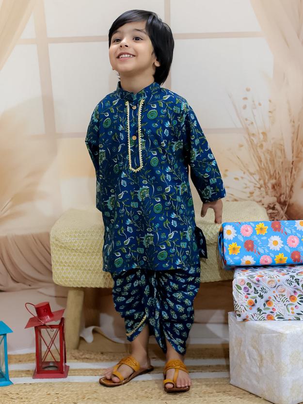 BownBee Pure Cotton Full Sleeve Printed Kurta Dhoti for Boys- Blue