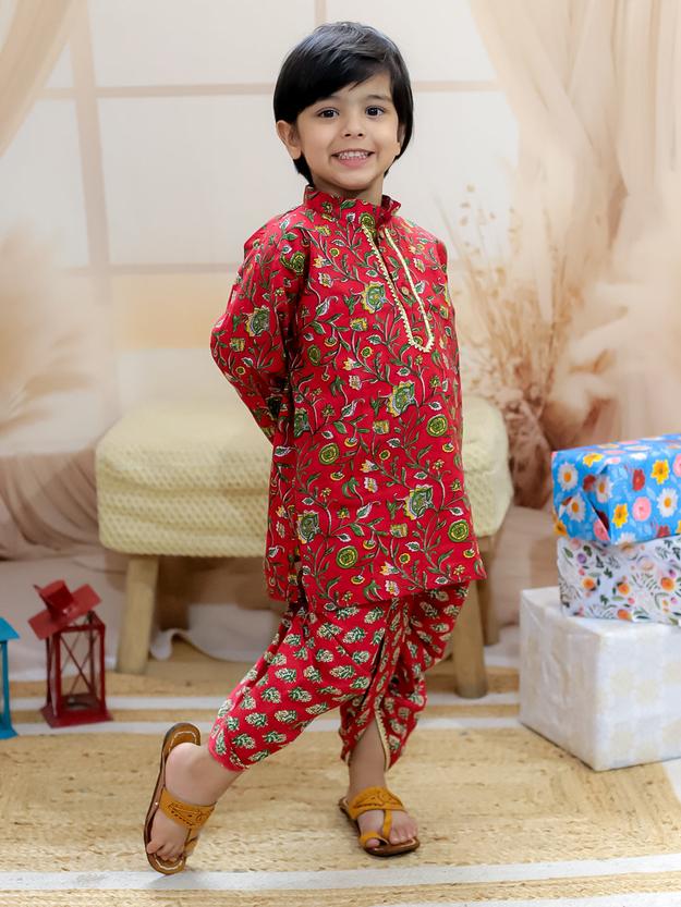 BownBee Pure Cotton Full Sleeve Printed Kurta Dhoti for Boys- Red