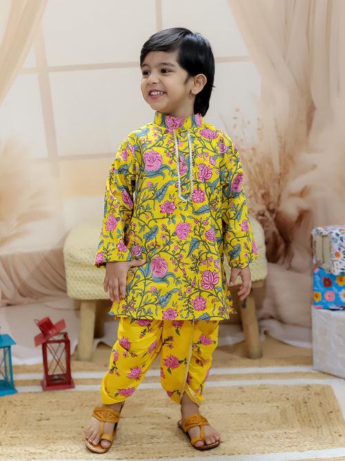 BownBee Pure Cotton Full Sleeve Printed Kurta Dhoti for Boys- Yellow