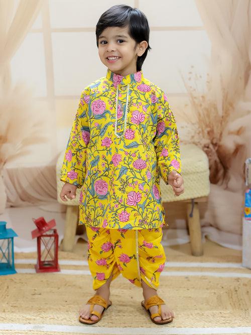 BownBee Pure Cotton Full Sleeve Printed Kurta Dhoti for Boys- Yellow