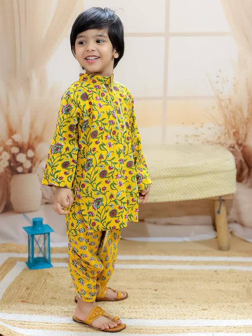 BownBee Pure Cotton Full Sleeve Printed Kurta Dhoti for Boys- Yellow