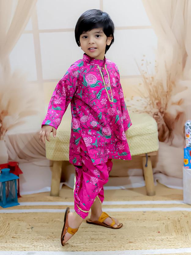 BownBee Pure Cotton Full Sleeve Printed Kurta Dhoti for Boys- Pink