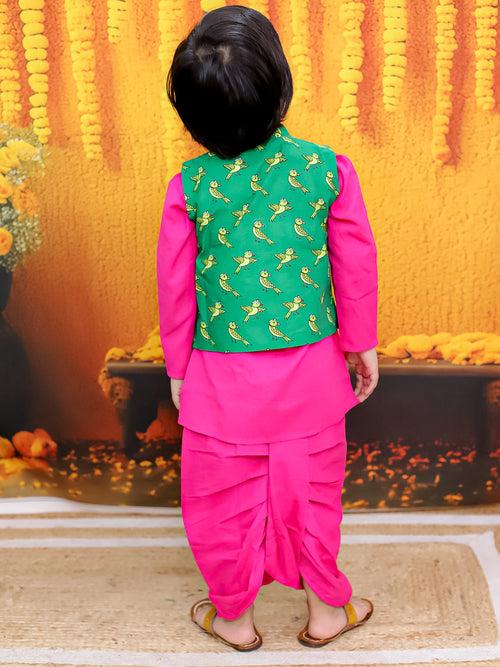 Pure Cotton Jacket with Full Sleeve Kurta Dhoti Set for Boys- Green