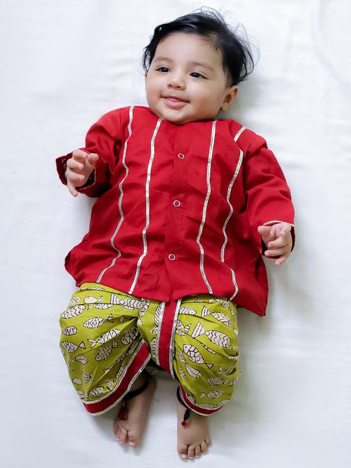 BownBee Fish Fun Dhoti Kurta & Fin-Tastic Kurta With Harrem Sibling Set - Red