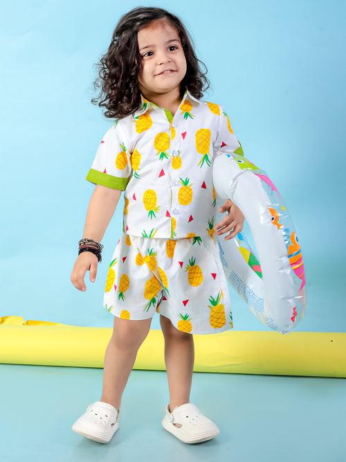 BownBee Pinacolada Shirt & Shorts Set & Summer Frock Sibling Set - White