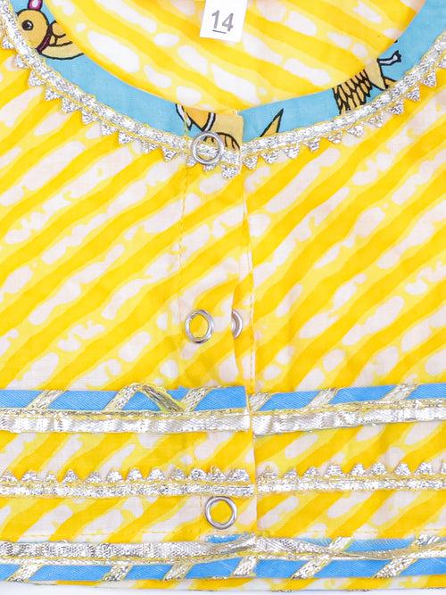 BownBee Chatty Parrot Dhoti Kurta & Sweet Talker Lehanga Choli Sibling Set -Yellow/Blue