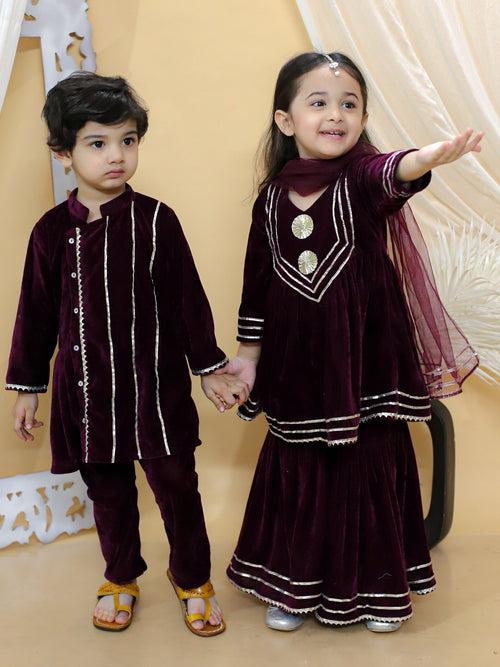 BownBee Boy Sibling Sets Ethnic Front Open Embellished Velvet Full Sleeve Kurta with Pajama and Girl Ethnic Wedding Gota Work Anarkali Kurta and Sharara Net fabric Dupatta Set-Purple (Pre-Order)